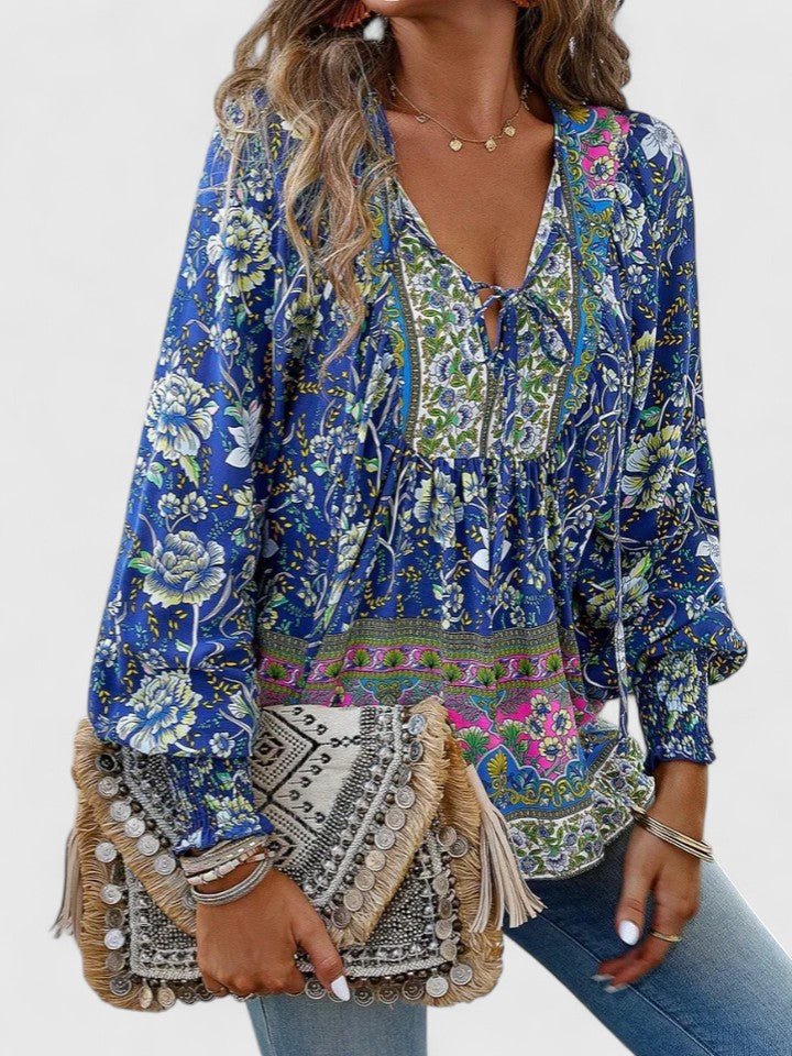 Freja | Dame Hør Boho Bluse Med Blomsterprint Og Pufærmer