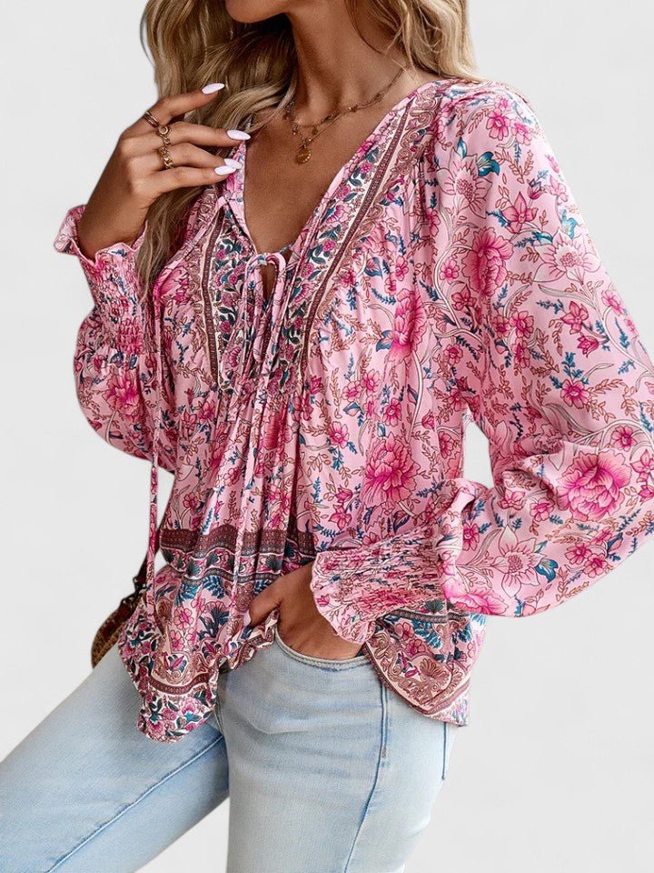 Freja | Dame Hør Boho Bluse Med Blomsterprint Og Pufærmer