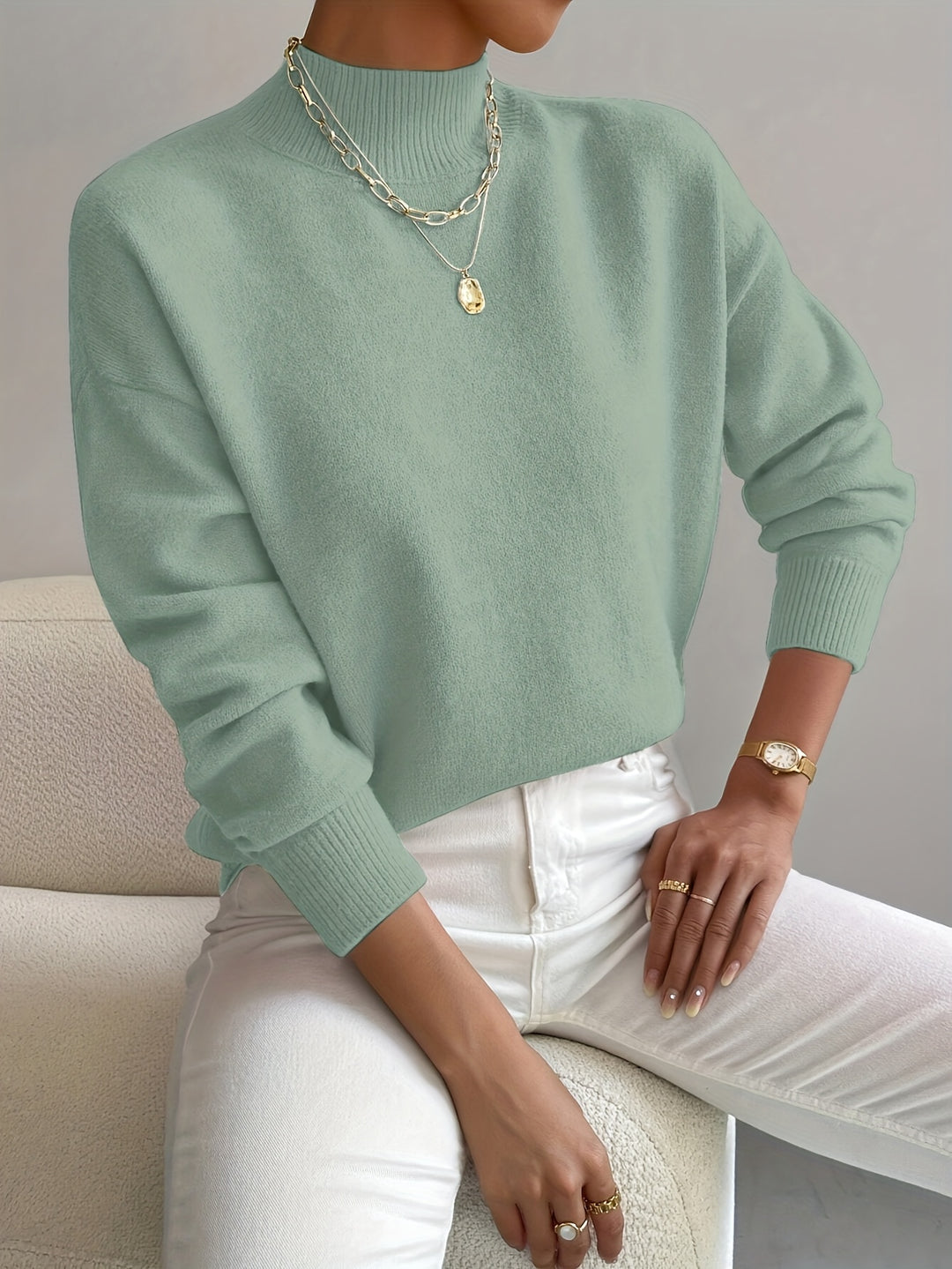 Berit | Dame Strikbluse Med Funnel Neck Og Ribkanter