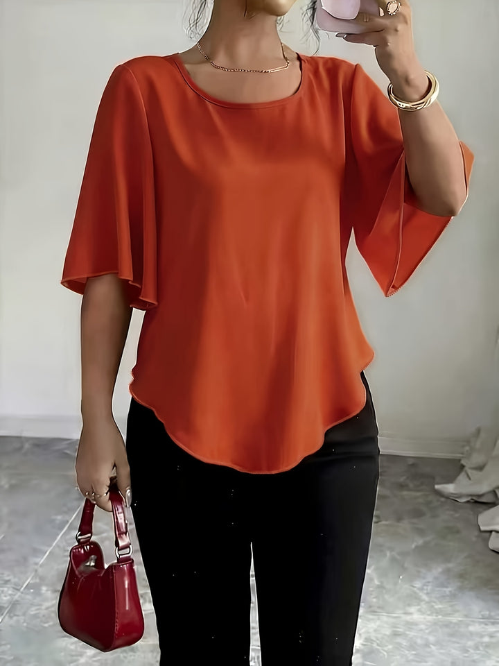 Helle | Dame Blouse Med Flæseærmer Og Rund Hals