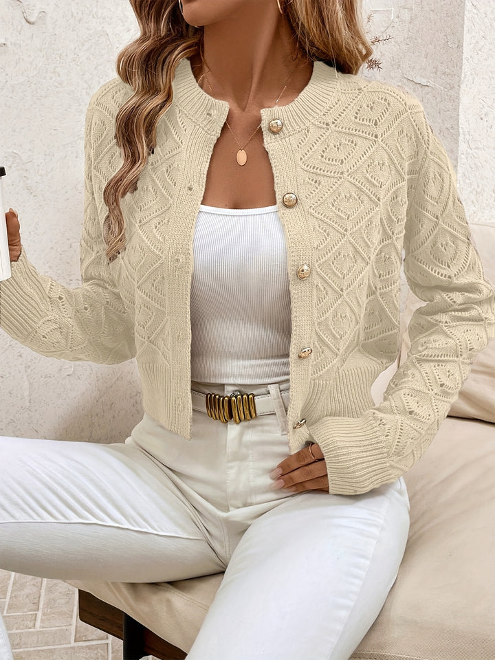 Emilie | Dame Cropped Knit Cardigan Med Rund Hals Og Knaplukning