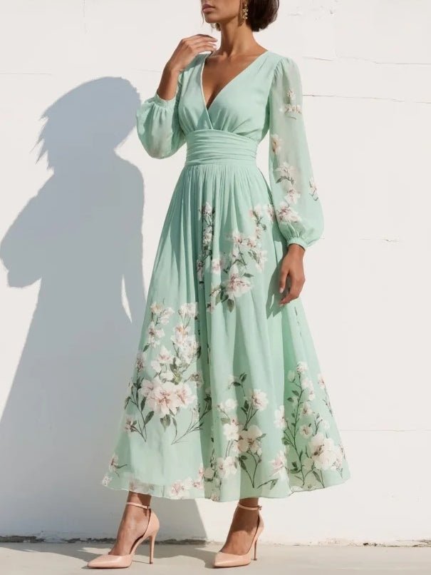 Anna | Dame Blomsterprint Midi Kjole Med V-hals Og Lange Ballonærmer