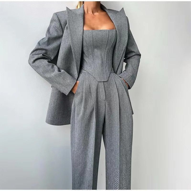 Ida | Dame Tredelt Habit Sæt Med Korsettop Tailored Blazer Og Wide Leg Bukser
