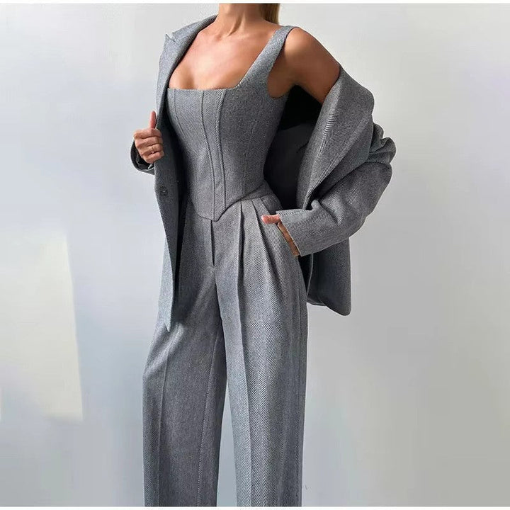 Ida | Dame Tredelt Habit Sæt Med Korsettop Tailored Blazer Og Wide Leg Bukser