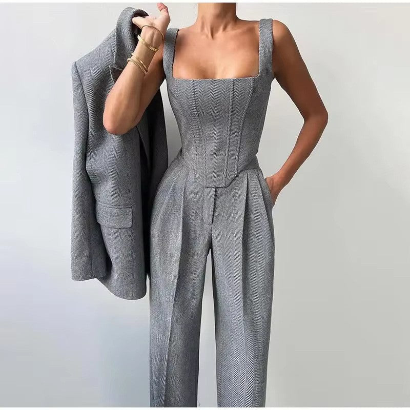 Ida | Dame Tredelt Habit Sæt Med Korsettop Tailored Blazer Og Wide Leg Bukser
