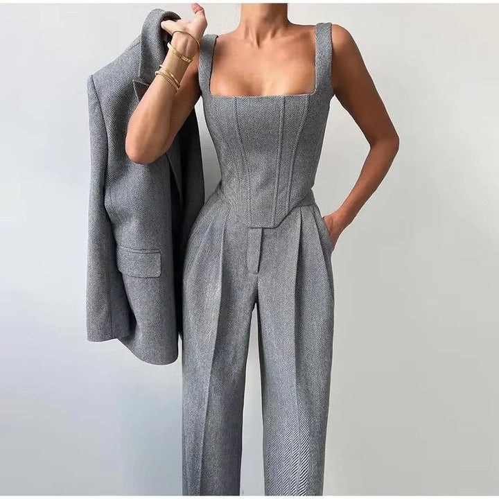 Ida | Dame Tredelt Habit Sæt Med Korsettop Tailored Blazer Og Wide Leg Bukser