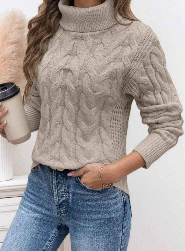 Damen Rollkragen-Pullover mit Kabelstrick-Textur und langen Ärmeln - Hellgrau