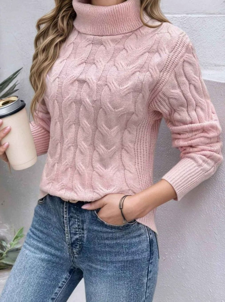 Damen Rollkragen-Pullover mit Kabelstrick-Textur und langen Ärmeln - Hellrosa