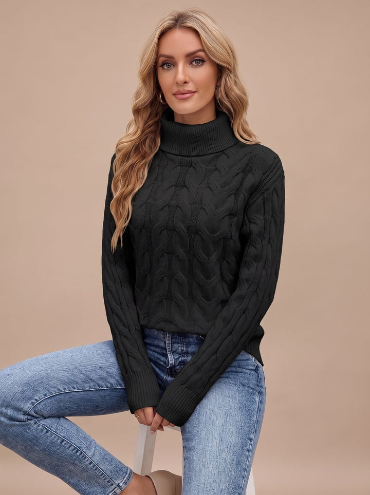 Damen Rollkragen-Pullover mit Kabelstrick-Textur und langen Ärmeln - Schwarz