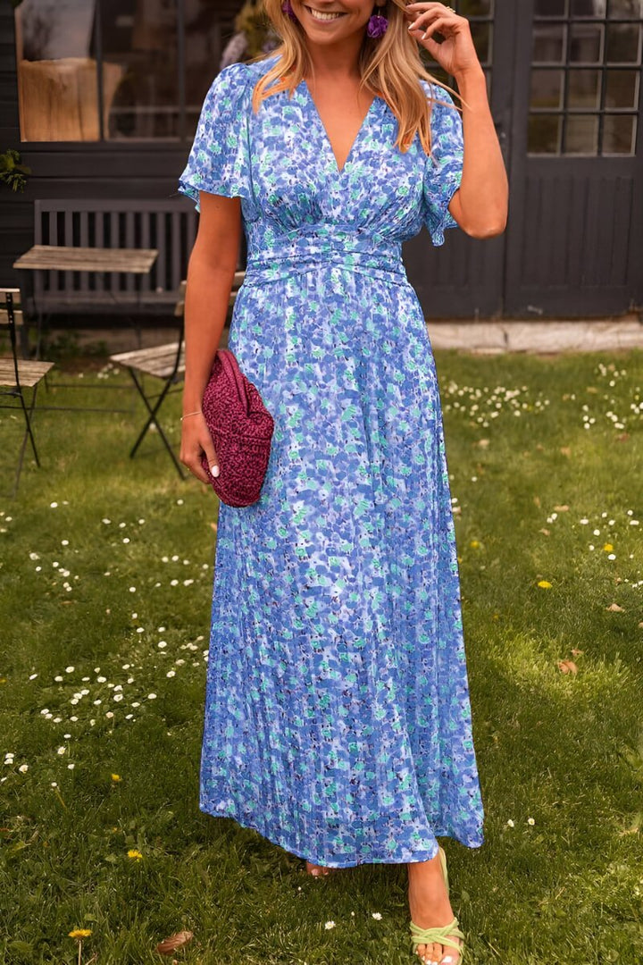 Thyra | Dame Blomsterprint Maxi Sommerkjole Med V-hals Og Korte Ærmer