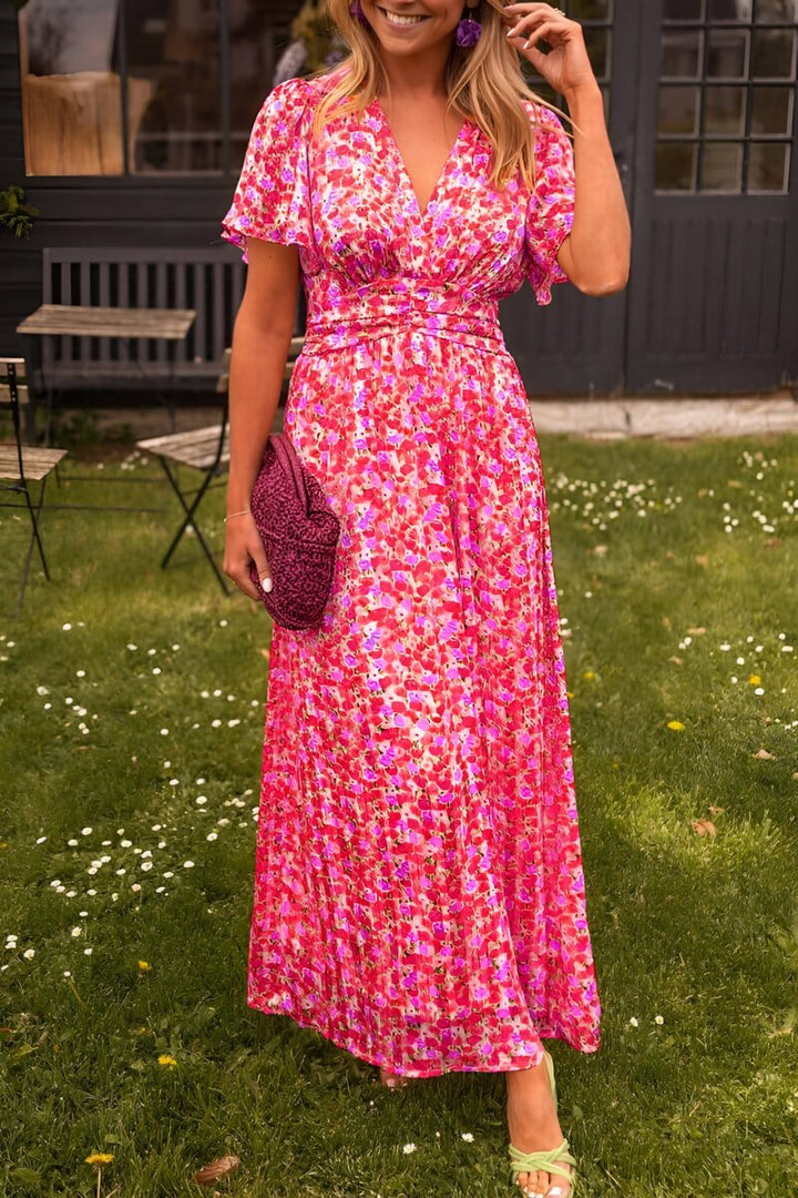 Thyra | Dame Blomsterprint Maxi Sommerkjole Med V-hals Og Korte Ærmer