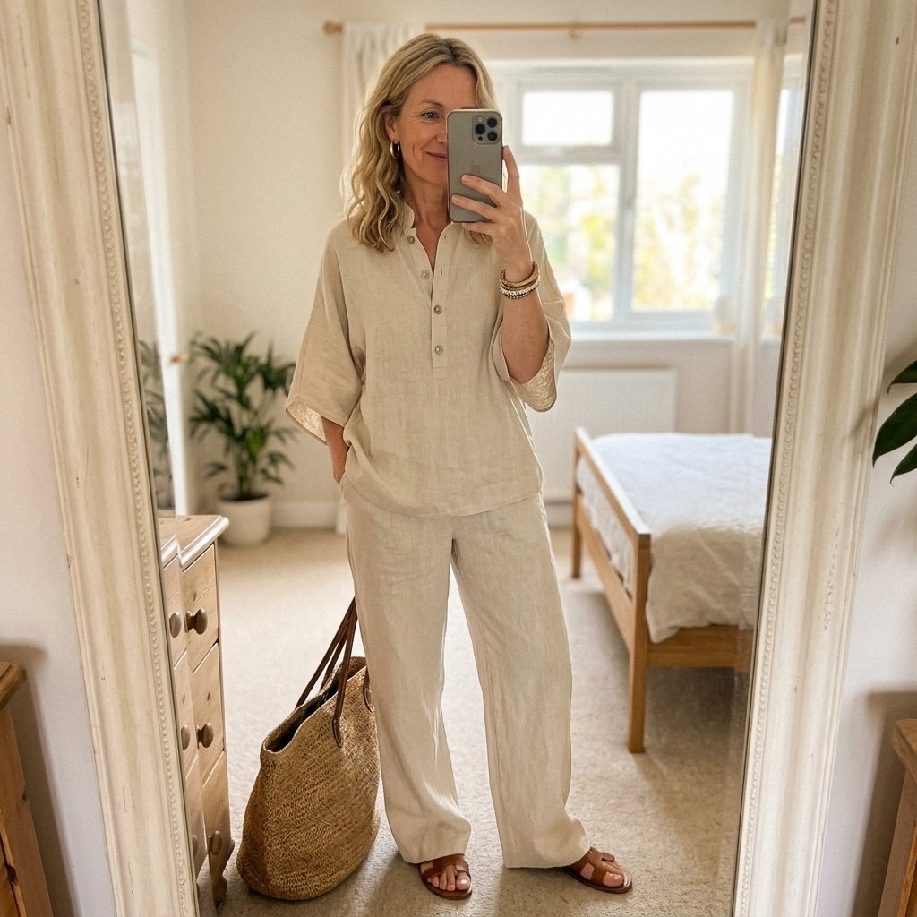 Lise | Dame Hørsæt Med Mandarinkrave Lange Ærmer Og Vide Bukser