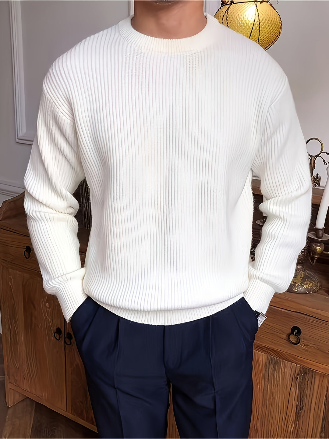 Rasmus | Herre Ribstrikket Crew-Neck Sweater Med Løs Pasform