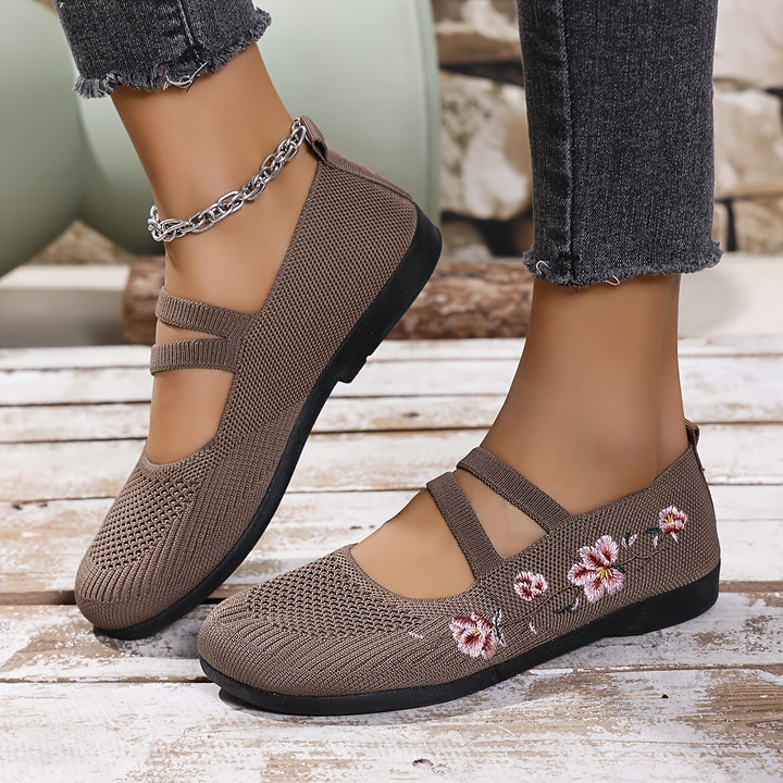 Agnete | Dame Ballet Flat Sko Med Blomsterbroderi Og Masketekstur