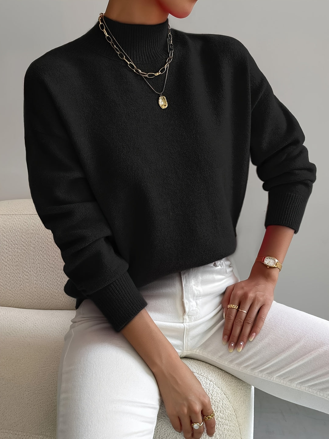Berit | Dame Strikbluse Med Funnel Neck Og Ribkanter
