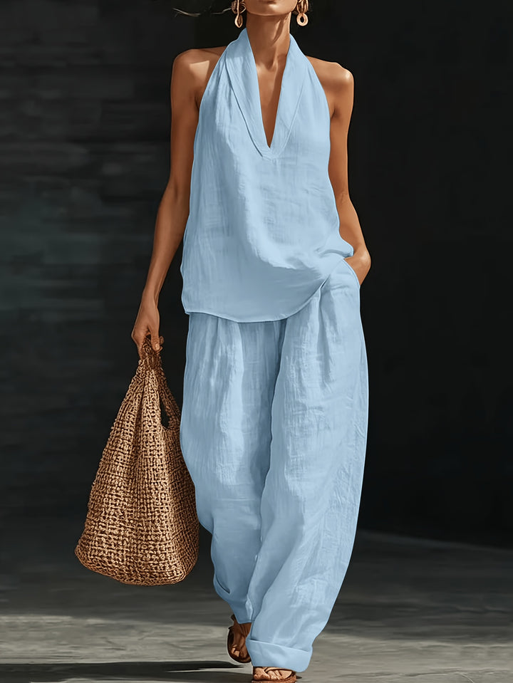 Dorthe | Dame Hørbluse Med Halterneck Og Wide Leg Bukser To-Delt Sæt
