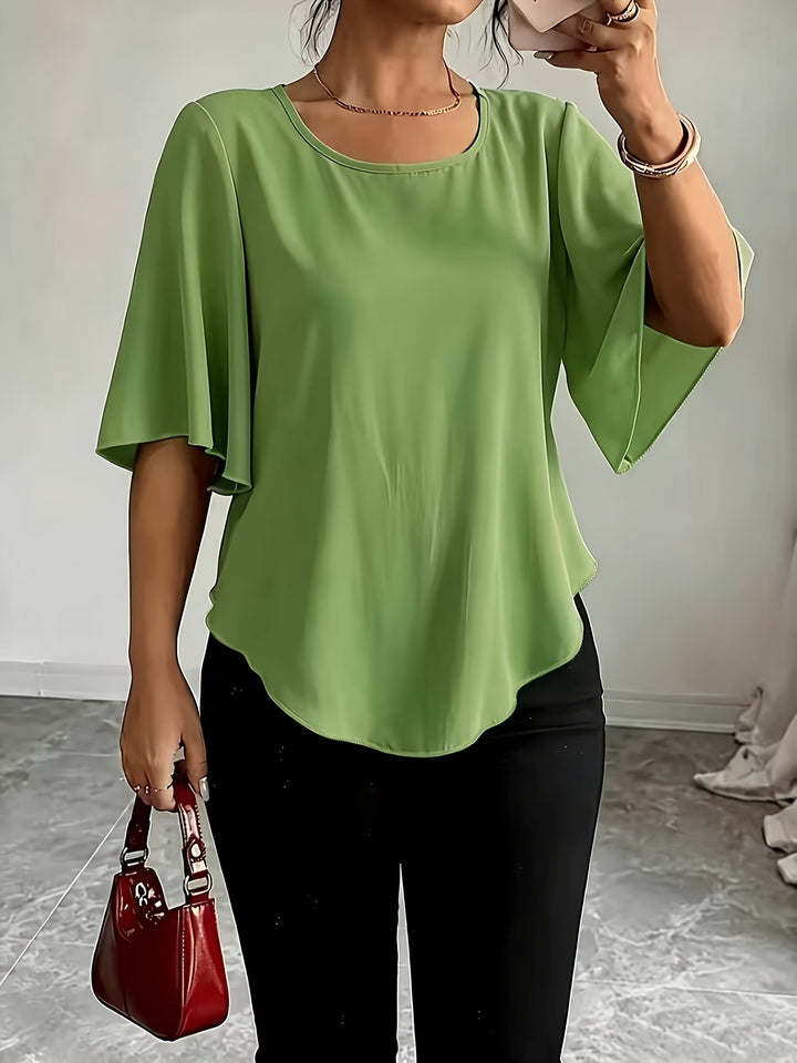 Helle | Dame Blouse Med Flæseærmer Og Rund Hals