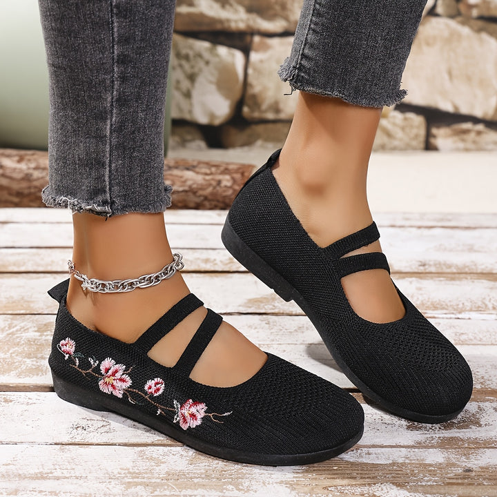 Agnete | Dame Ballet Flat Sko Med Blomsterbroderi Og Masketekstur