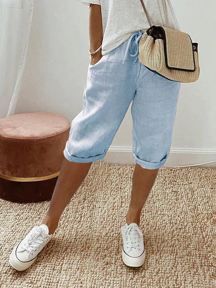 Astrid | Dame Hør Shorts Med Elastisk Snøretalje Og Opsmøgede Ben