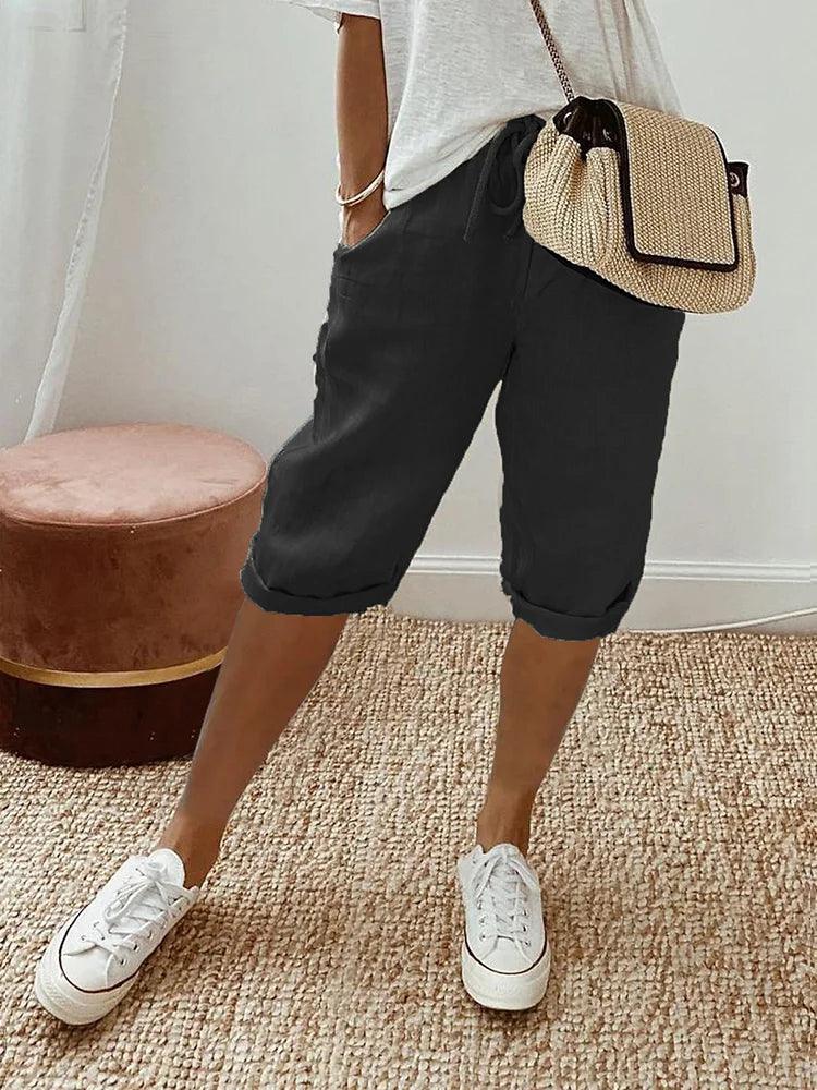 Astrid | Dame Hør Shorts Med Elastisk Snøretalje Og Opsmøgede Ben