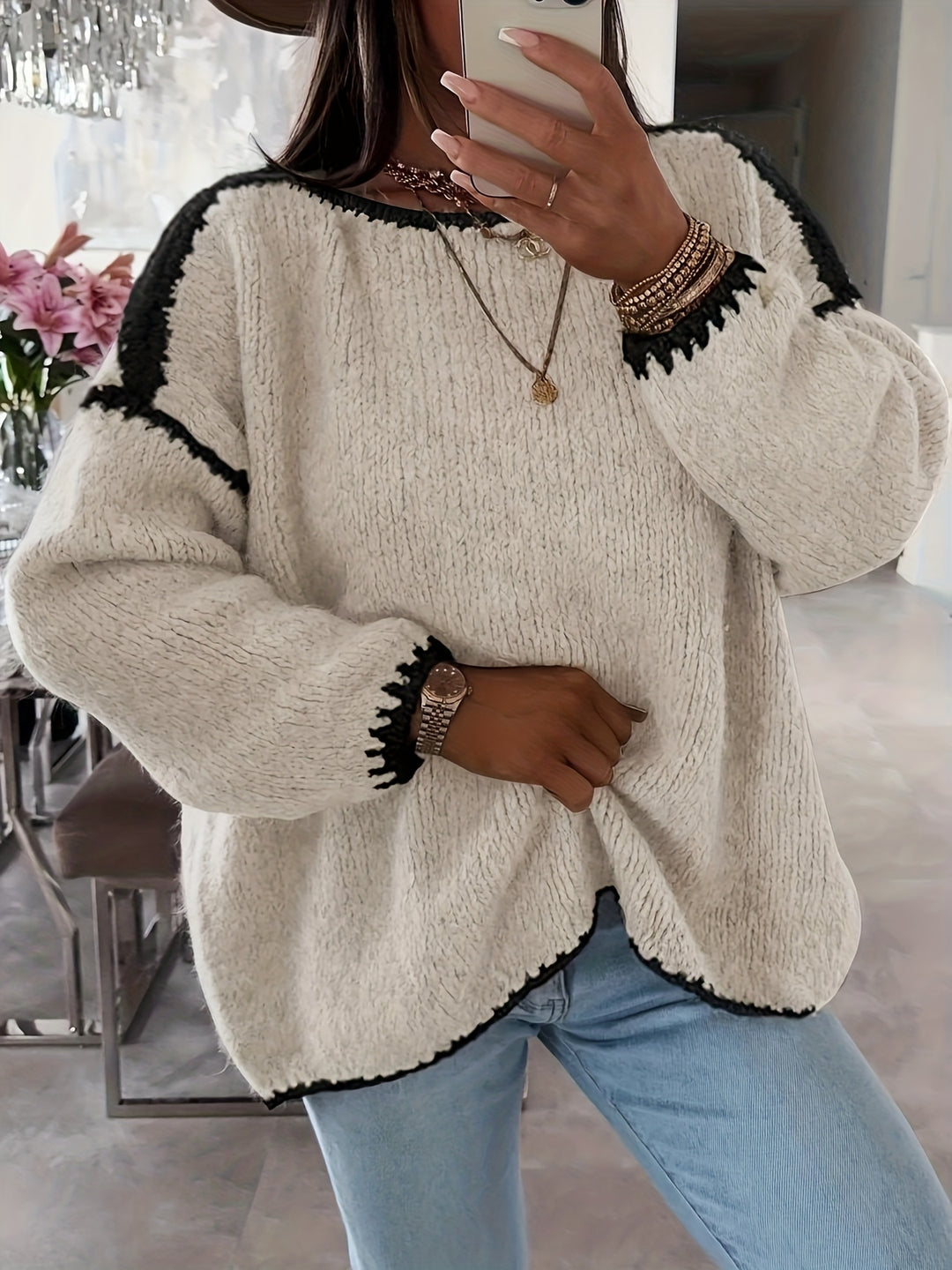 Anette | Dame Løstsiddende Sweater Med Bådudskæring Og Kontrasterende Detaljer