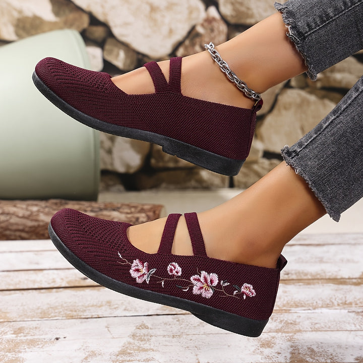 Agnete | Dame Ballet Flat Sko Med Blomsterbroderi Og Masketekstur