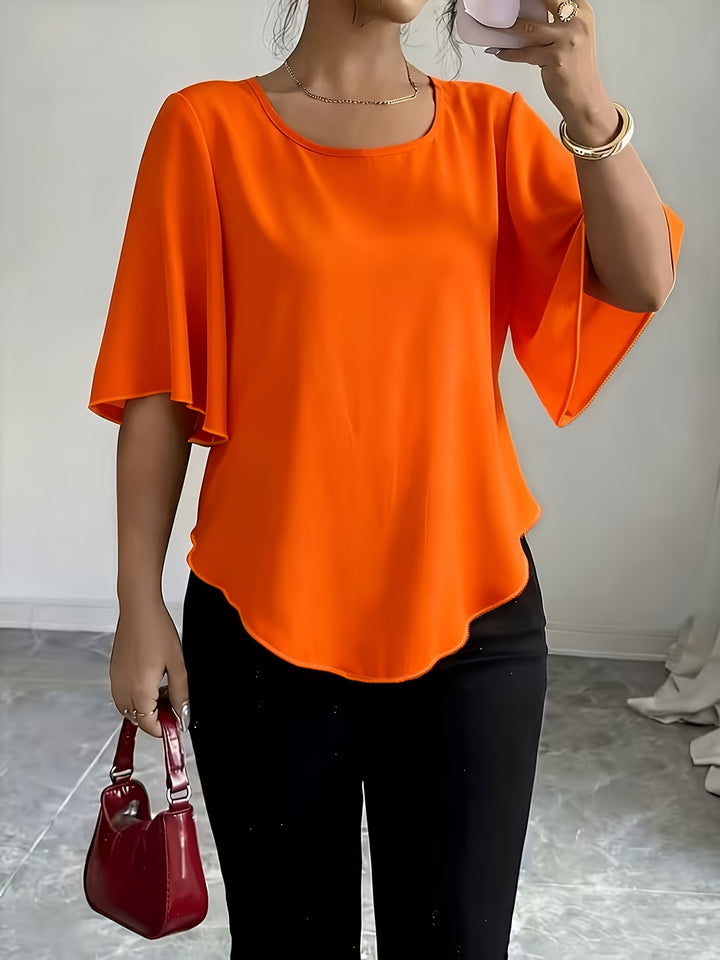 Helle | Dame Blouse Med Flæseærmer Og Rund Hals