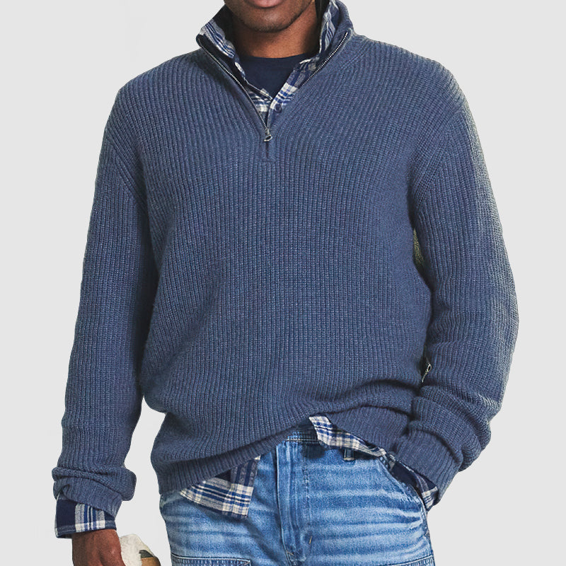 Lars | Herre Ribstrikket Sweater Med Kvart Lynlås Og Høj Krave