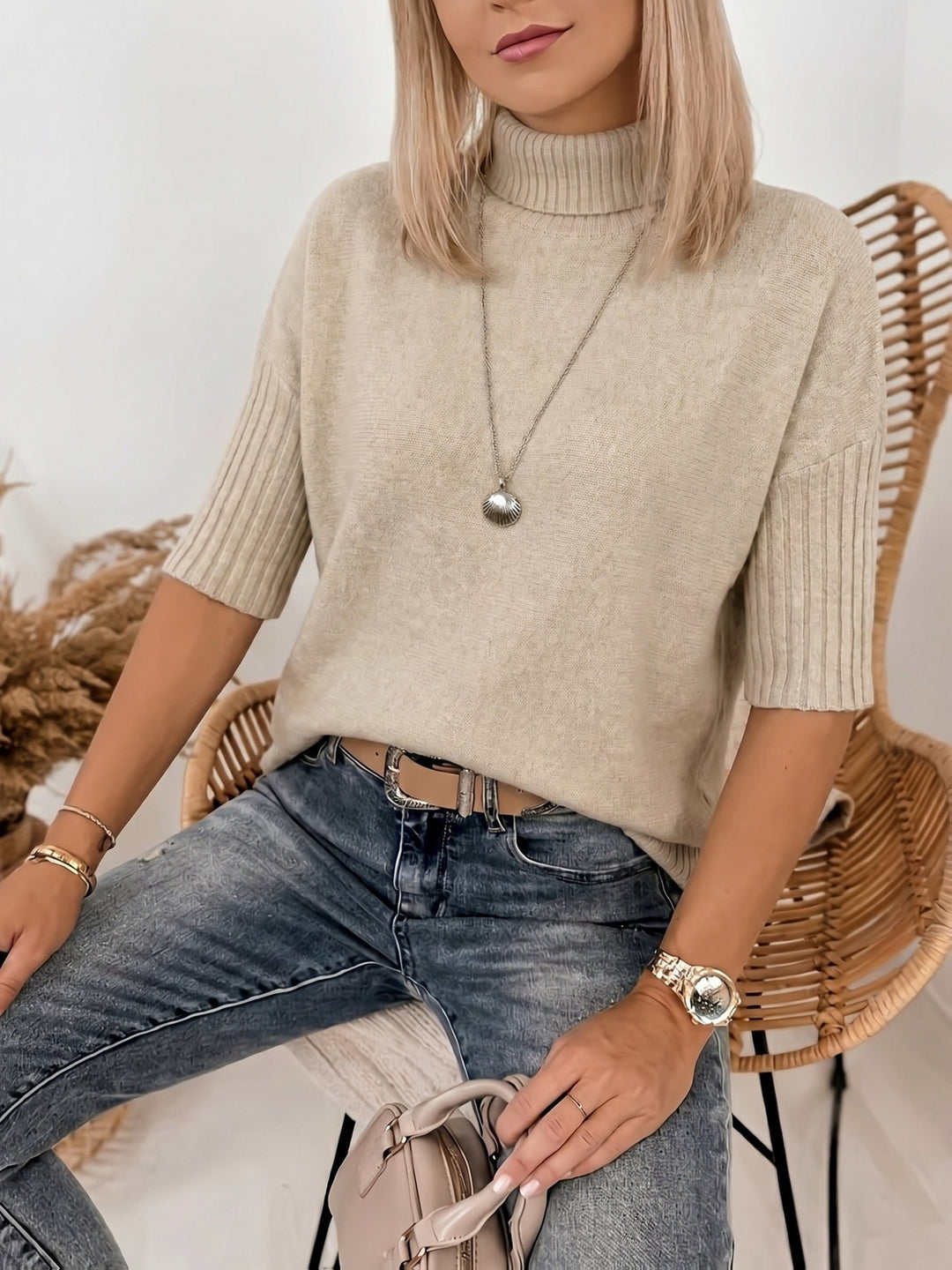 Emilie | Dame Ribstrikket Oversized Sweater Med Rullekrave