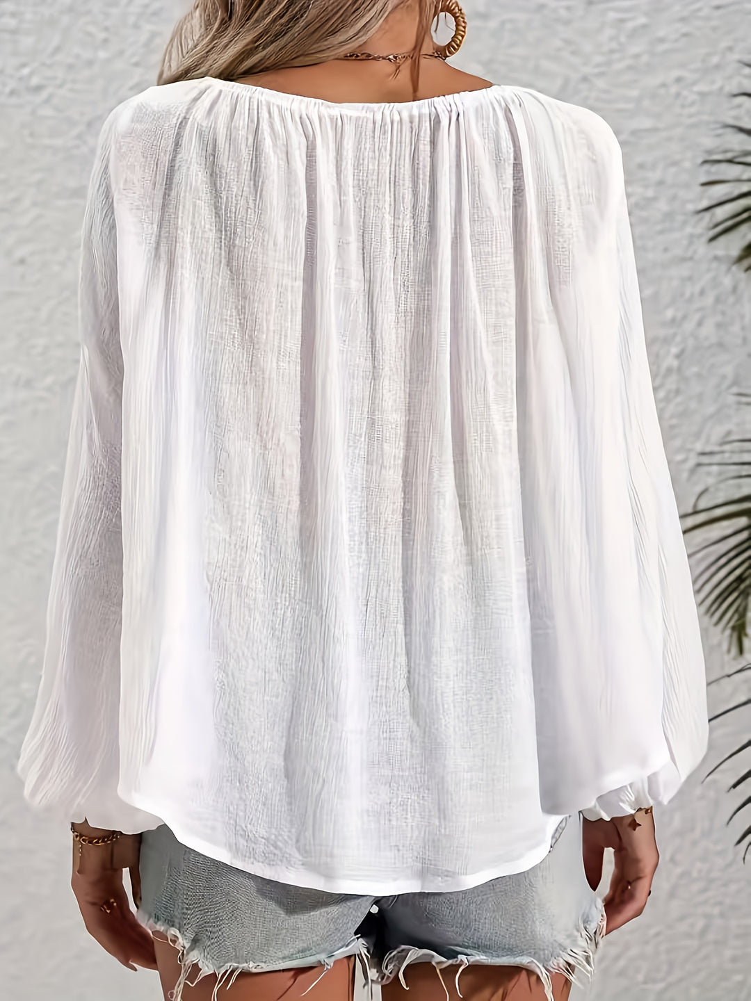 Freja | Dame Løs Boho Bluse Med Ballonærmer Og Kvastdetaljer