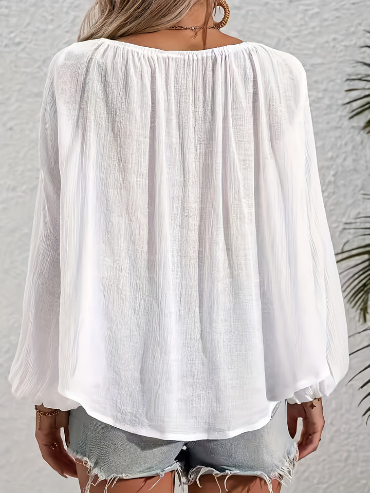 Freja | Dame Løs Boho Bluse Med Ballonærmer Og Kvastdetaljer