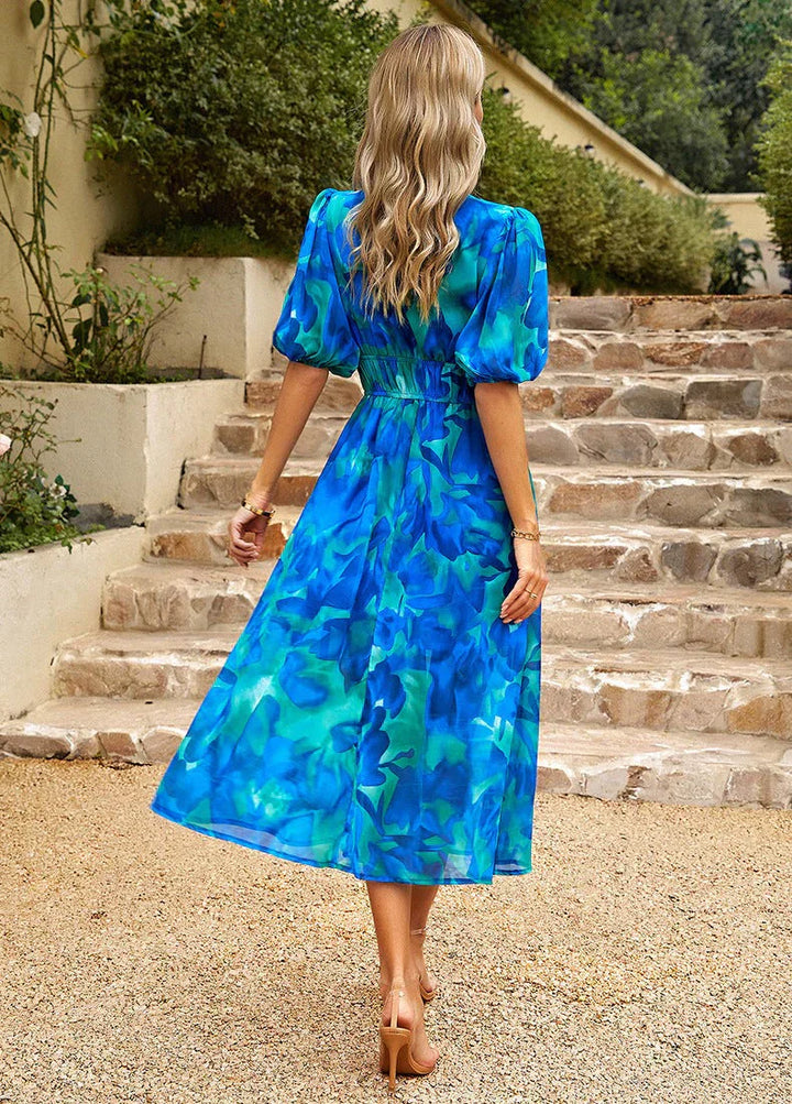 Kirsten | Dame Midikjole Sommer V-Udskæring Blomsterprint Talje