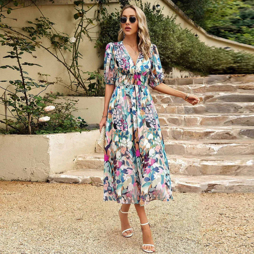 Kirsten | Dame Midikjole Sommer V-Udskæring Blomsterprint Talje