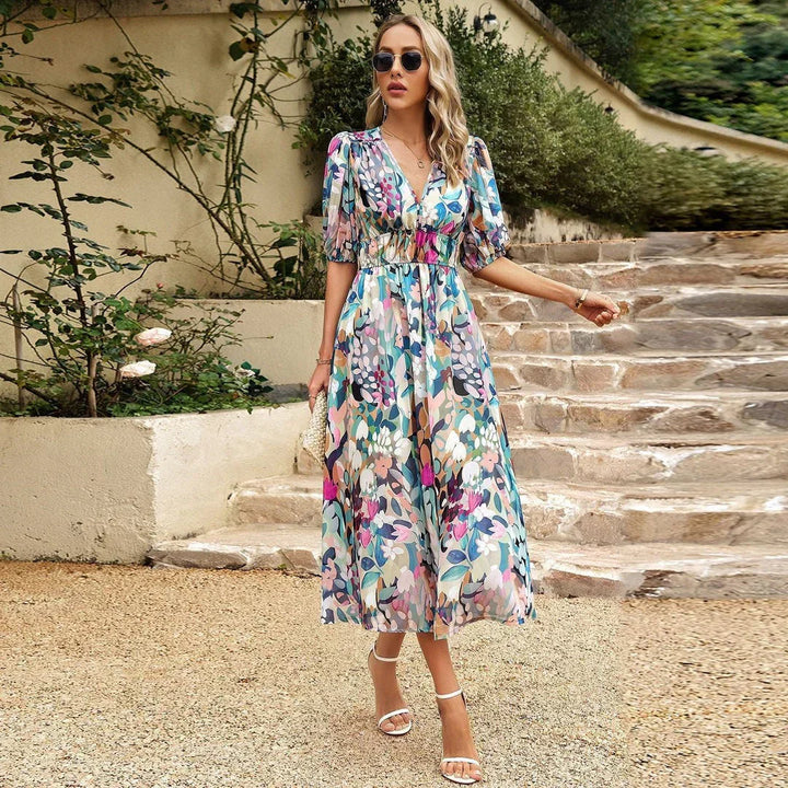 Kirsten | Dame Midikjole Sommer V-Udskæring Blomsterprint Talje