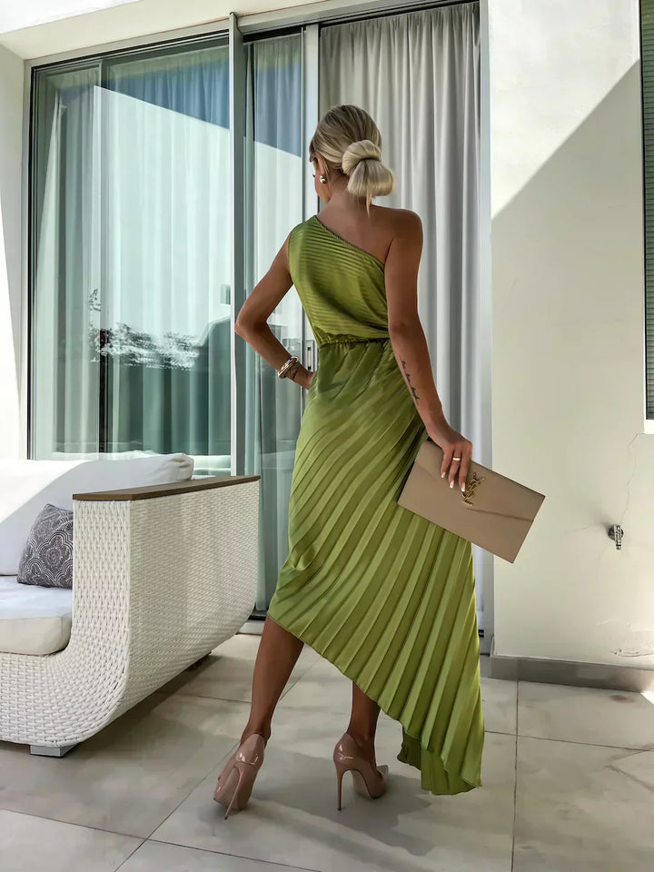 Sanne | Dame Midi Kjole Med One-Shoulder Og Plissering