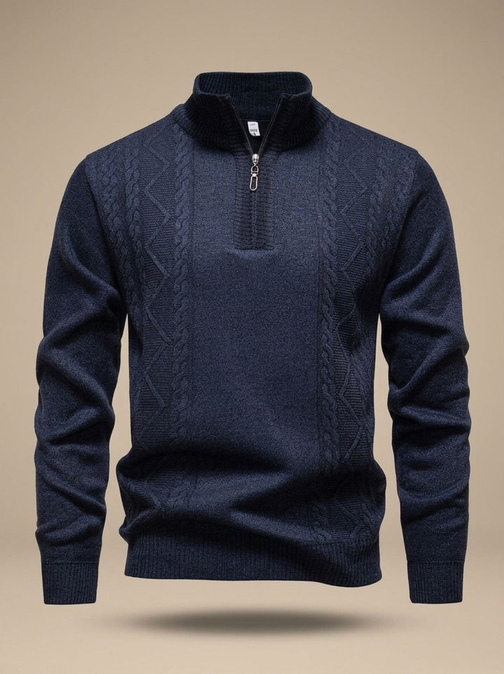 Herren Strickpullover mit Halbzip Stehkragen Zopfmuster