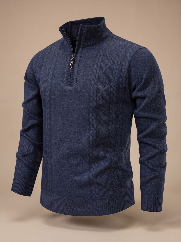 Herren Strickpullover mit Halbzip Stehkragen Zopfmuster