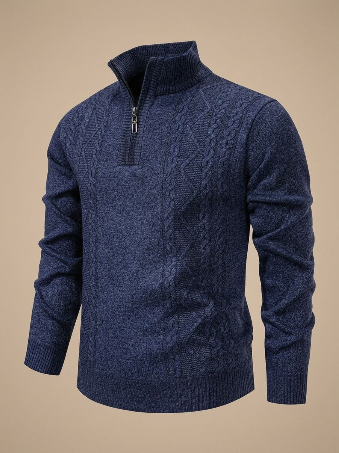 Herren Strickpullover mit Halbzip Stehkragen Zopfmuster
