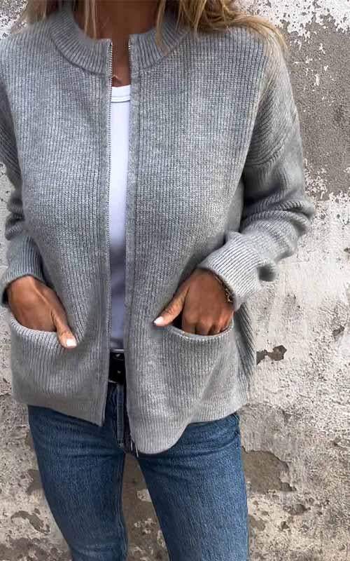 Lene | Dame Strikket Cardigan Med Lynlås Og Frontlommer