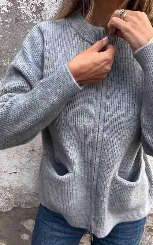 Lene | Dame Strikket Cardigan Med Lynlås Og Frontlommer