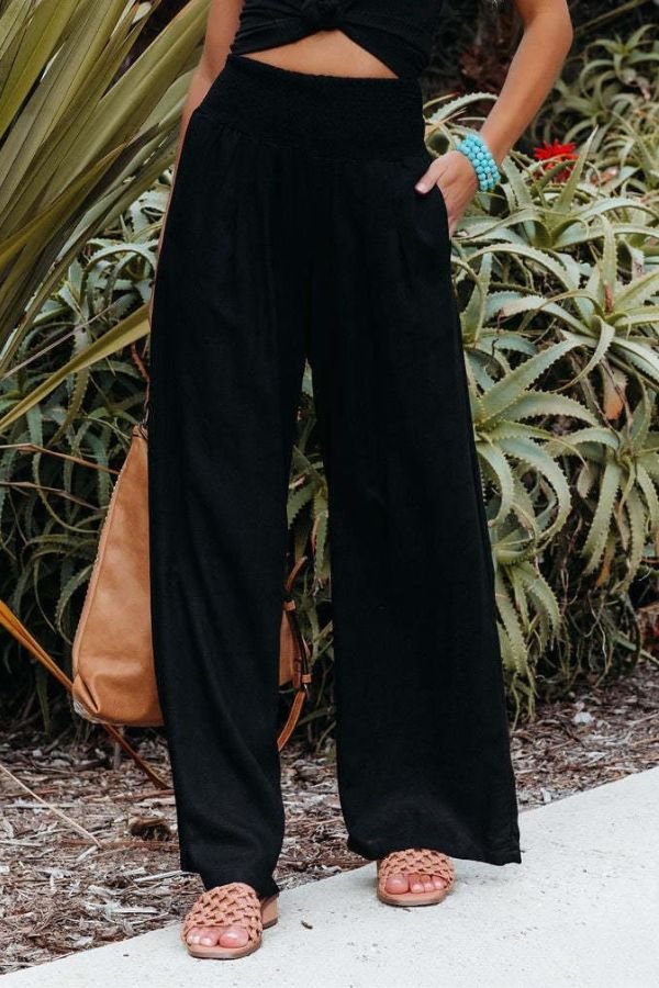 Dorthe | Dame Hør Bukser Med Høj Smock Talje Og Wide Leg