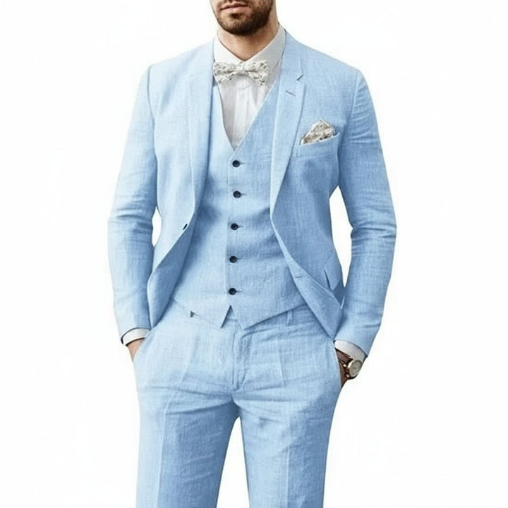 Men's 3-Piece Linen Suit Tailored Fit Wedding - Hellblau
