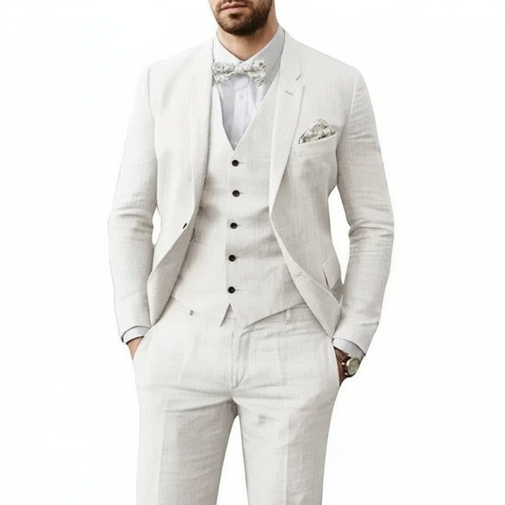 Men's 3-Piece Linen Suit Tailored Fit Wedding - Weiß