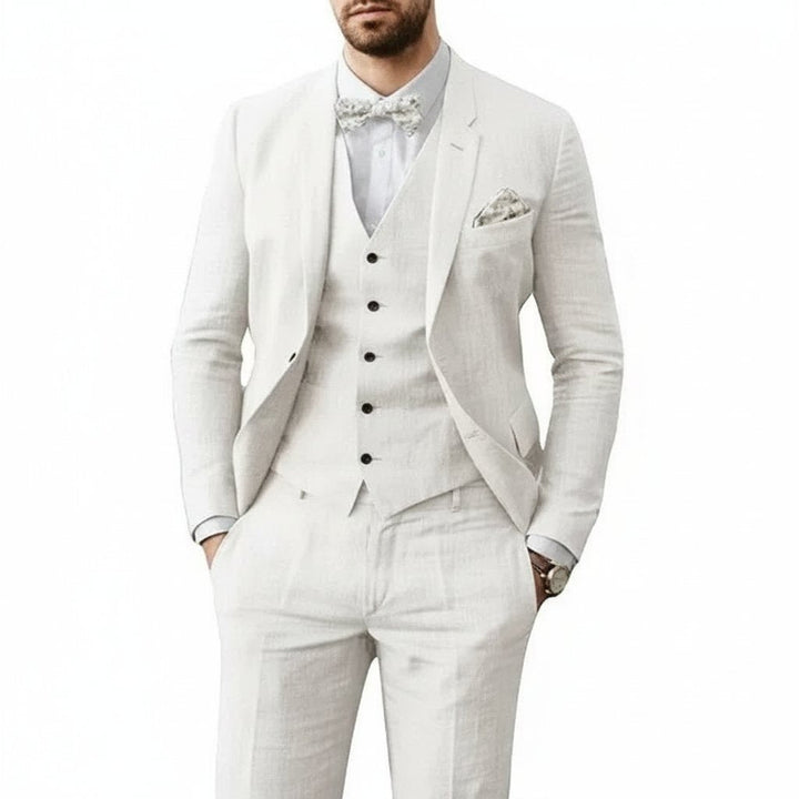 Men's 3-Piece Linen Suit Tailored Fit Wedding - Weiß