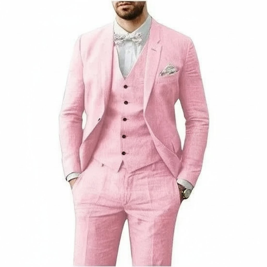 Men's 3-Piece Linen Suit Tailored Fit Wedding - Rosa