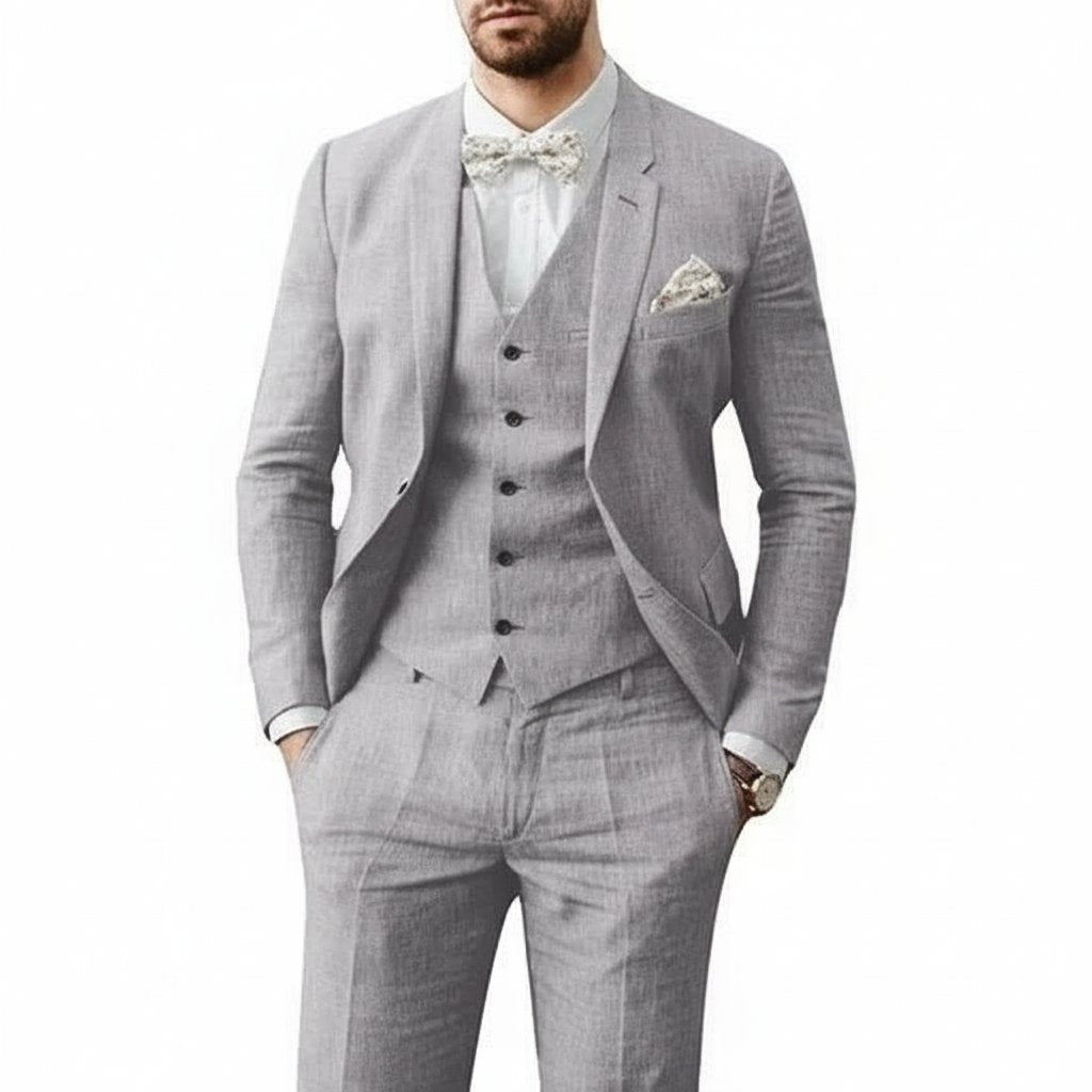 Men's 3-Piece Linen Suit Tailored Fit Wedding - Grau