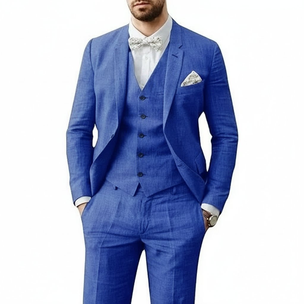 Men's 3-Piece Linen Suit Tailored Fit Wedding - Blau