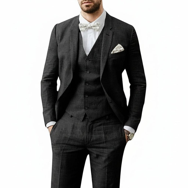 Men's 3-Piece Linen Suit Tailored Fit Wedding - Schwarz