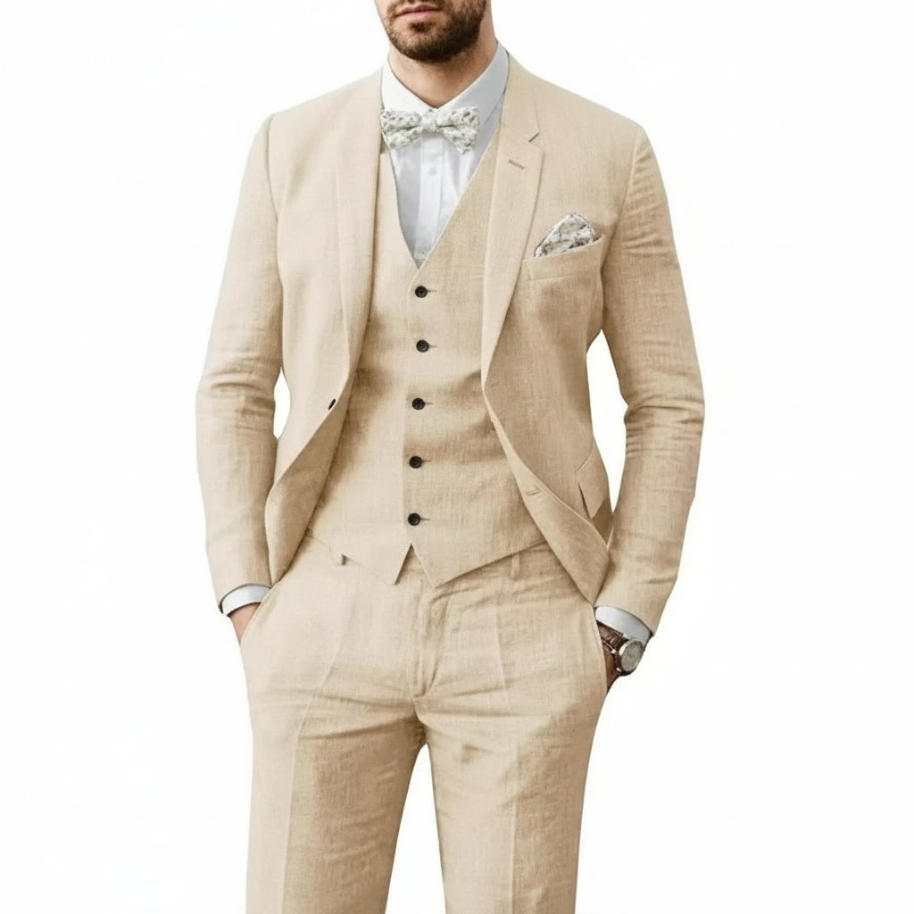 Men's 3-Piece Linen Suit Tailored Fit Wedding - Beige