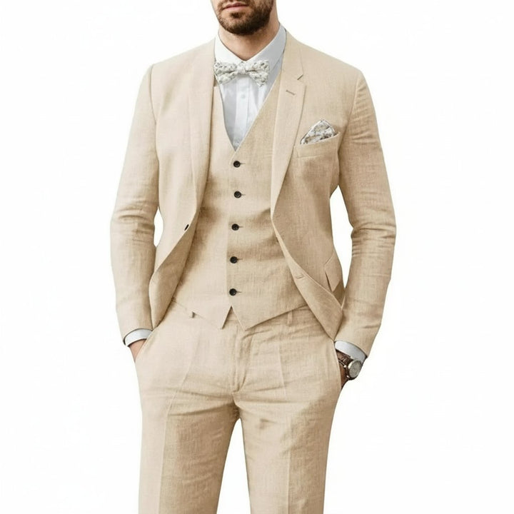 Men's 3-Piece Linen Suit Tailored Fit Wedding - Beige